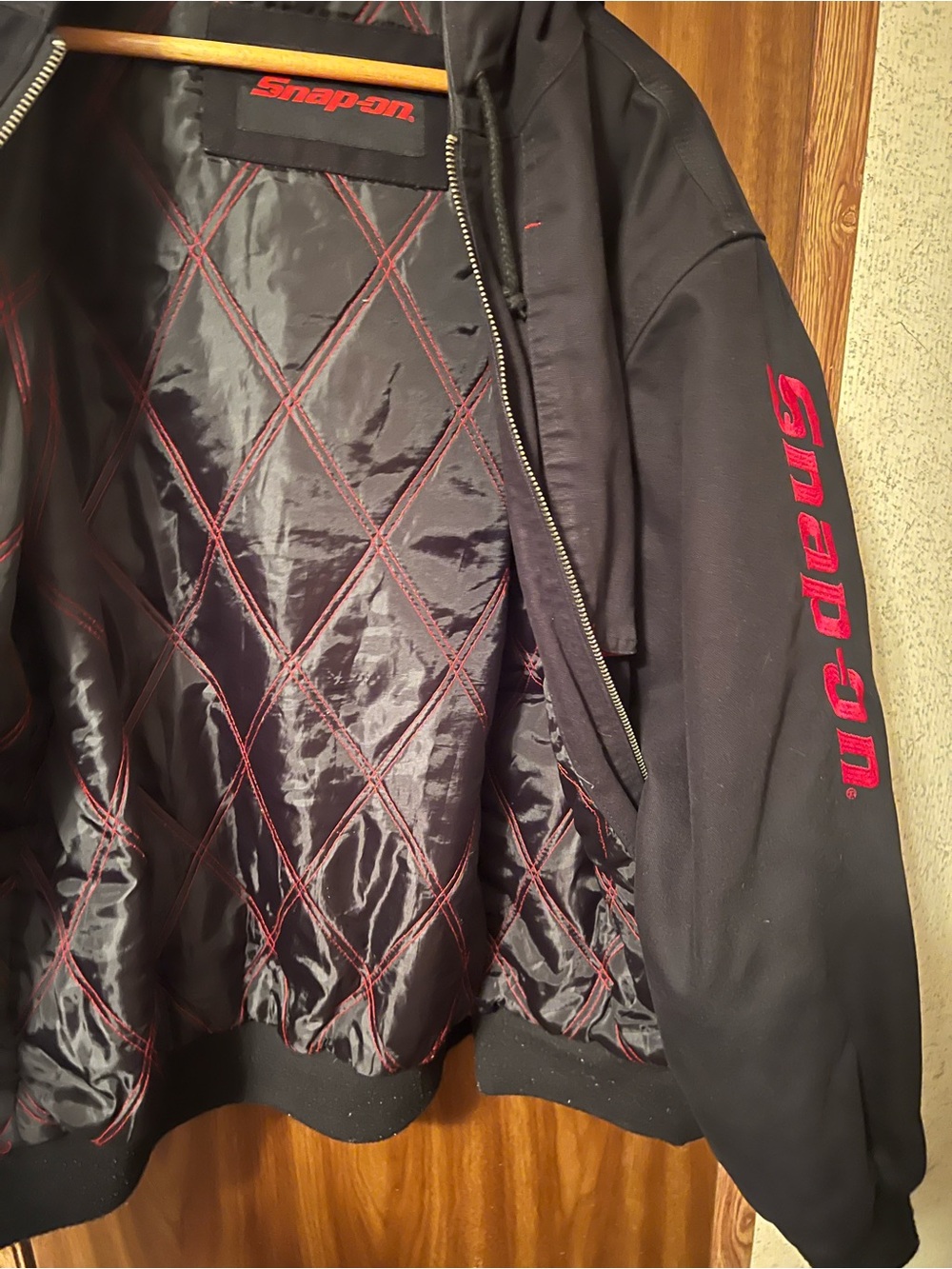 Snap-on Black Hooded Bomber Jacket with Red Embroidery - Picture 4 of 5